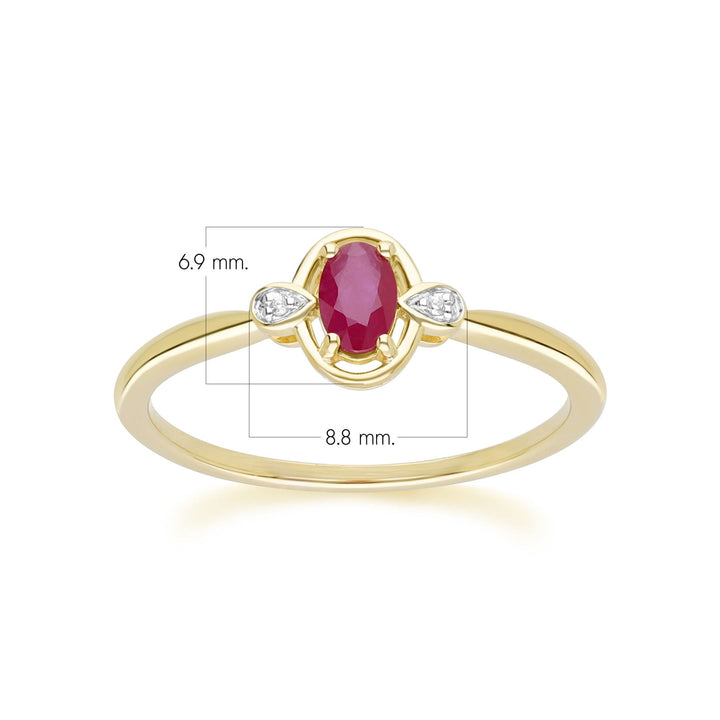 Klassischer ovaler Rubin- und runder Diamantring aus 9 Karat Gelbgold