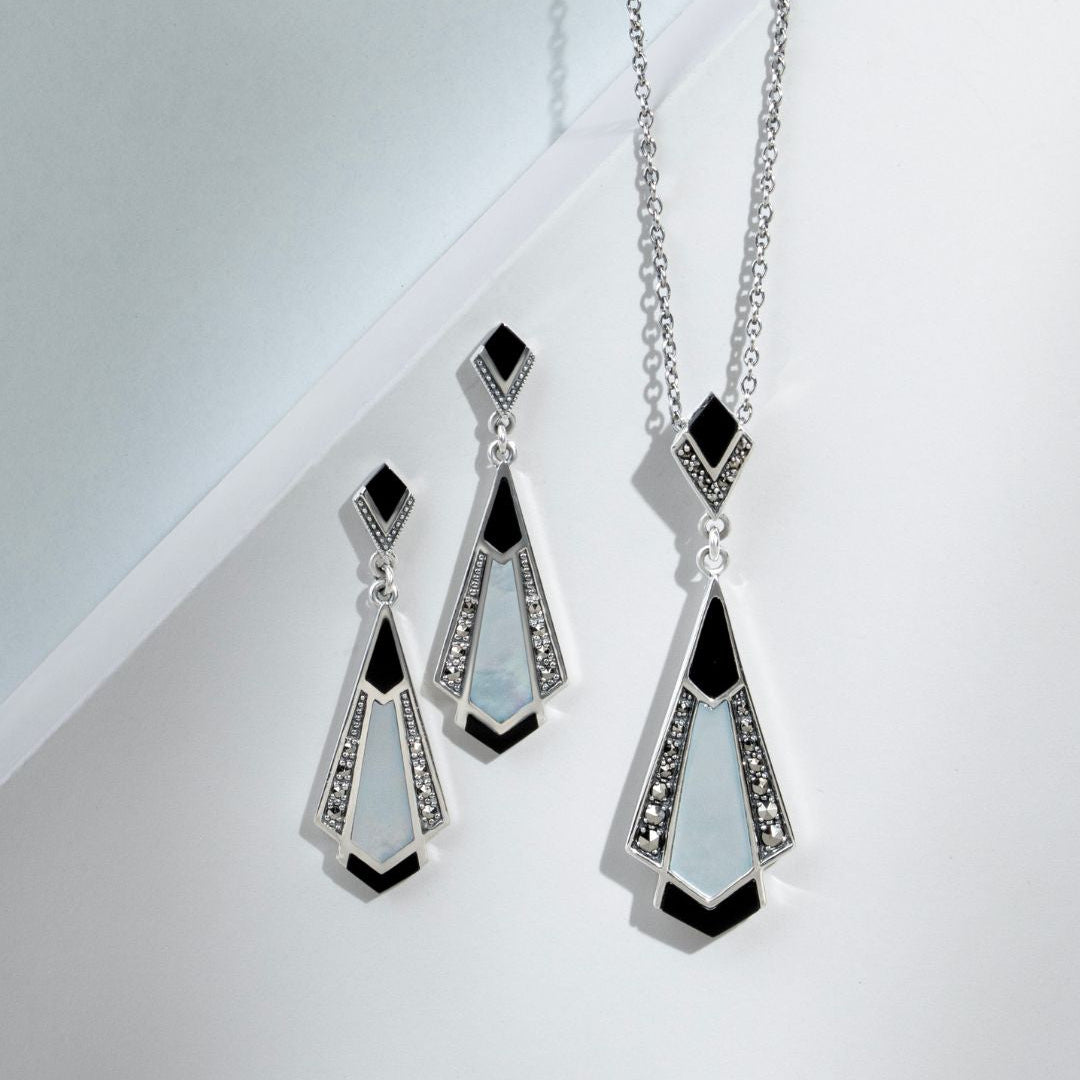 Cabochon-Anhänger aus schwarzem Onyx, Perlmutt und Markasit im Art-Deco-Stil aus 925er Sterlingsilber