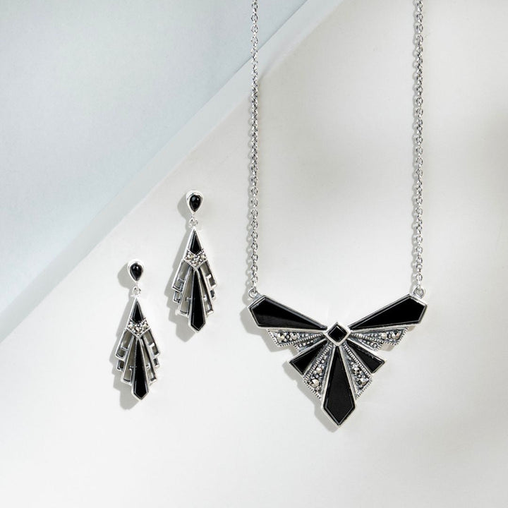 Runde Ohrringe im Art-Deco-Stil mit schwarzem Onyx und Markasit-Fächern aus 925er Sterlingsilber