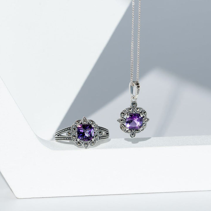 Halskette mit Amethyst- und Markasit-Anhänger im Art-Deco-Stil aus Sterlingsilber