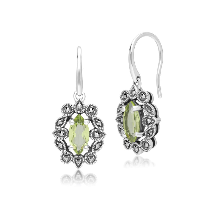 Marquise-Peridot- und Markasit-Tropfenohrringe im Art-Deco-Stil aus Sterlingsilber