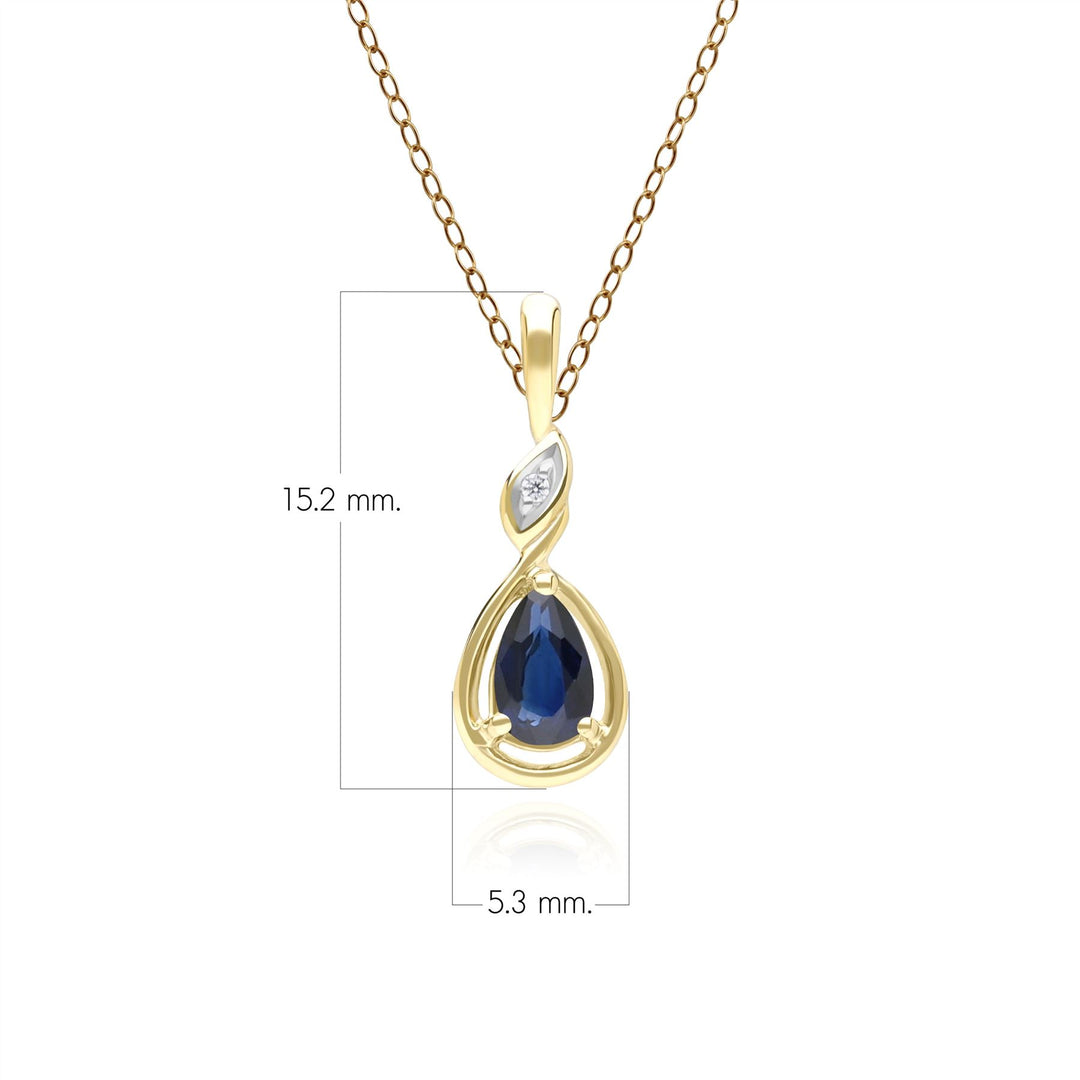 Klassische Halskette mit birnenförmigem Saphir- und Diamantanhänger aus 9 Karat Gelbgold