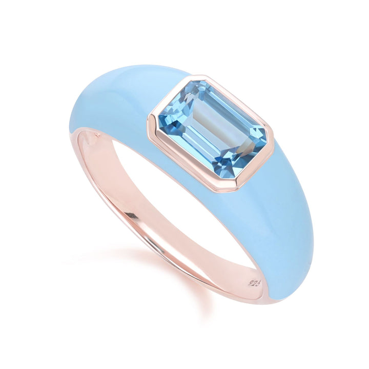 Siberian Waltz Blauer Emaille- und achteckiger himmelblauer Topasring aus Roségold-Vermeil