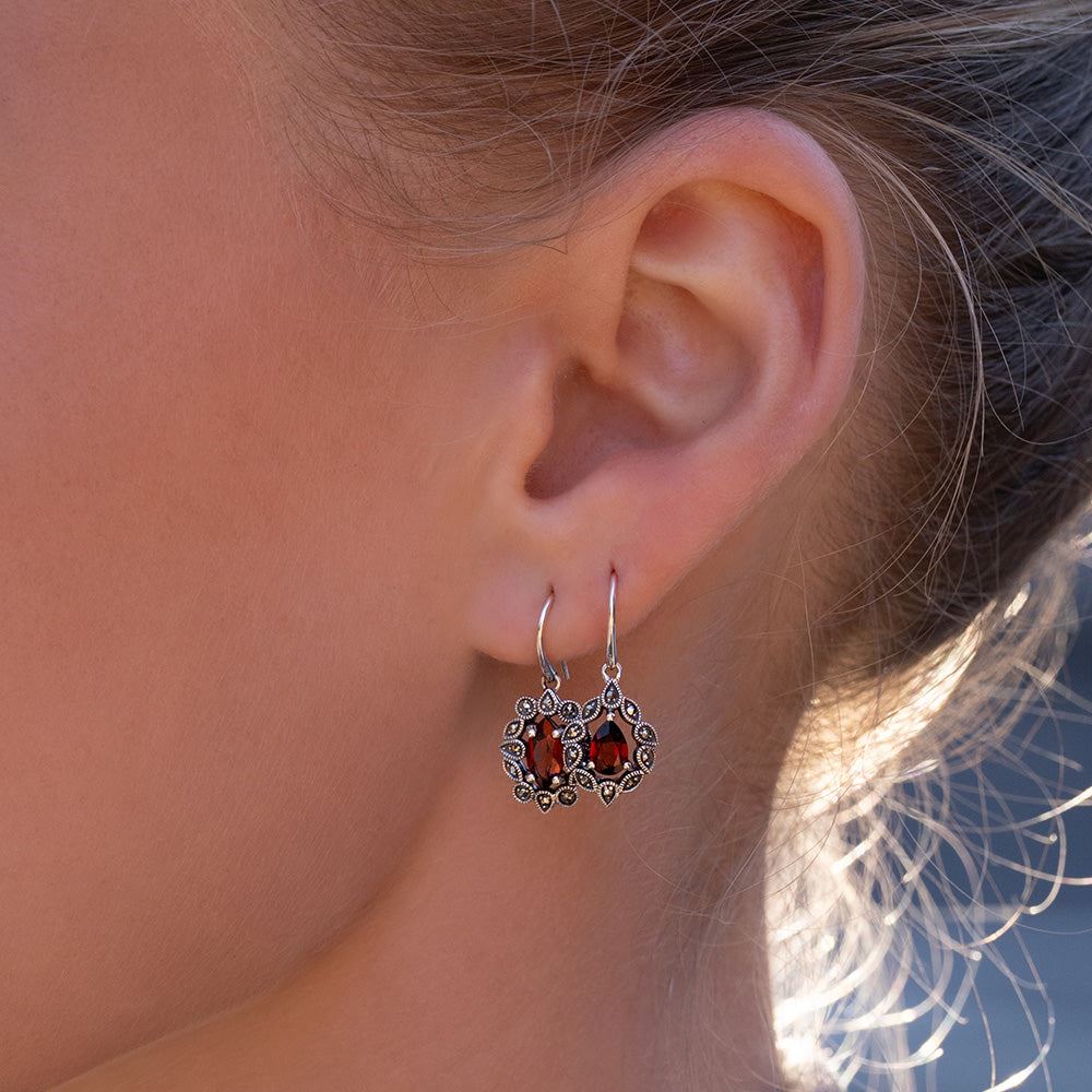Tropfenohrringe im Art-Deco-Stil mit Granat und Markasit, Sterlingsilber