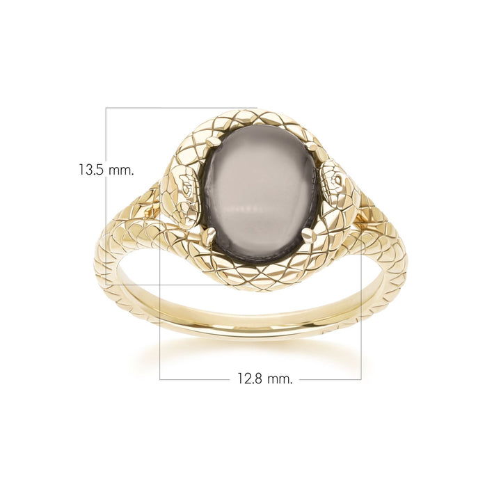ECFEW™ Oval Black Moonstone snake two-headed coiled bezel-set cabochon ring in gold vermeil sterling silver