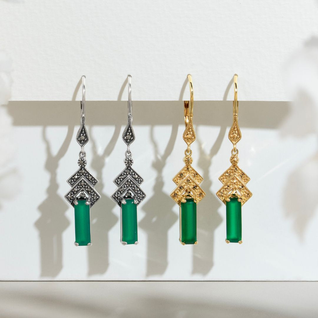 Art-Deco-inspirierte grüne Chalcedon- und Markasit-Ohrringe aus 18 Karat vergoldetem Silber