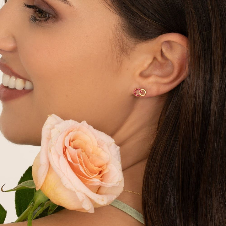 Geometric Hexagon and Round Linked with Prong set Ruby Stud Earrings in 9ct Yellow Gold