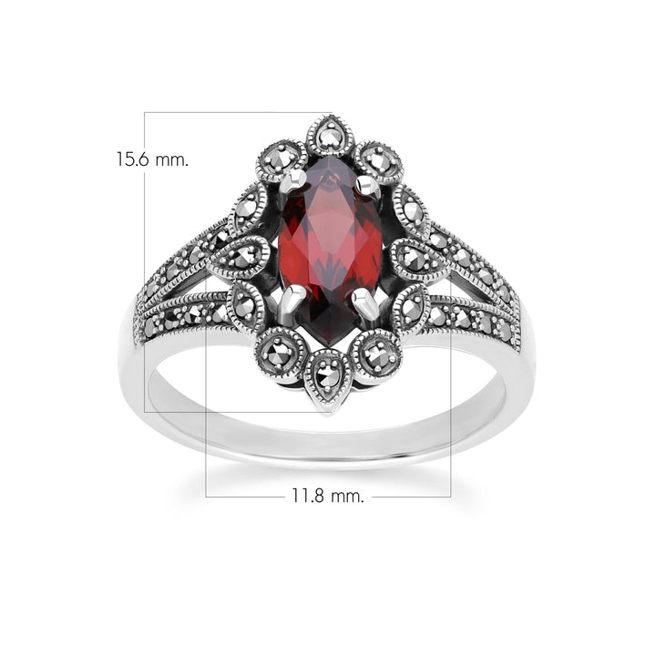 Art-Deco-Ring mit Marquise-Granat und Markasit in Sterlingsilber