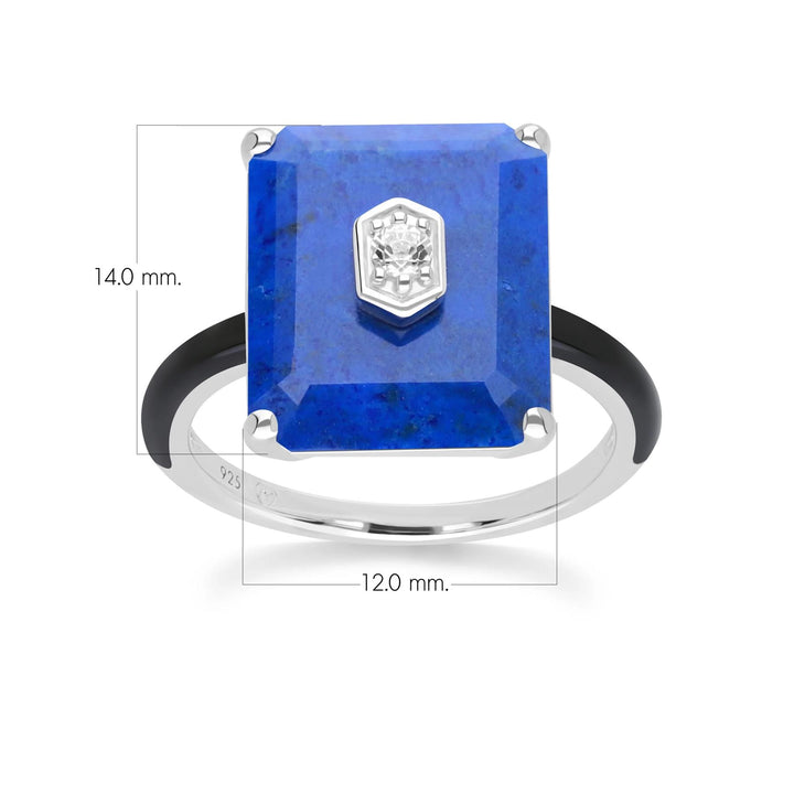 Grand Deco Black Enamel, Lapis Lazuli & Colourless Topaz Ring in Sterling Silver