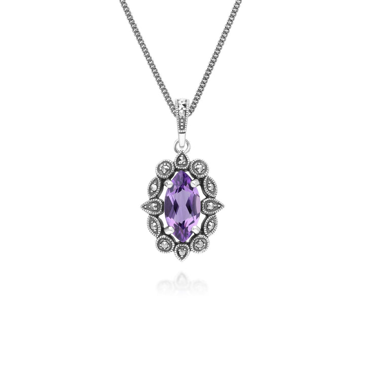 Halskette mit Anhänger im Art-Deco-Stil mit Marquise-Amethyst und Markasit aus Sterlingsilber