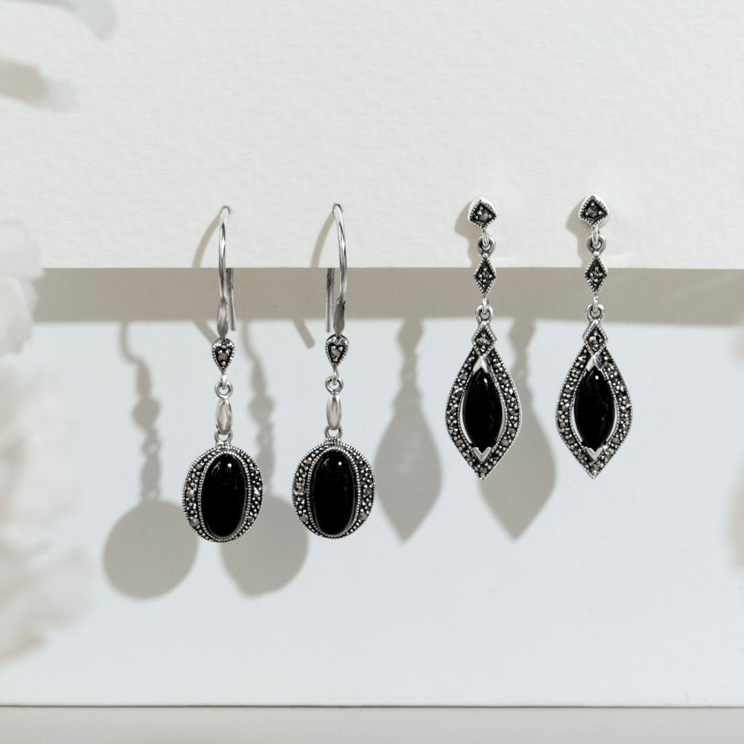 Art Deco Marquise Halo-Ohrringe aus schwarzem Onyx und Markasit aus 925er Sterlingsilber