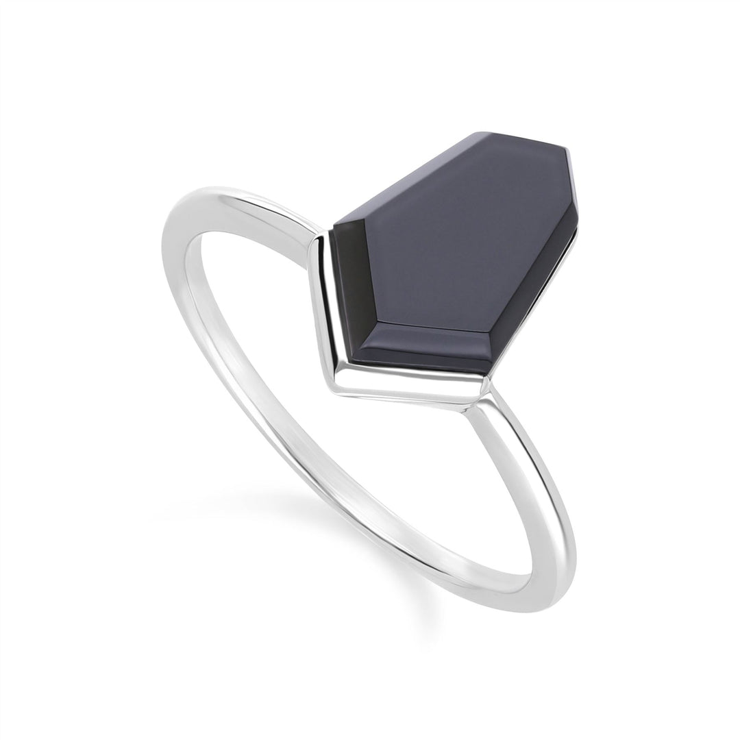 Grand Deco Hexagon-Krawattenring aus schwarzem Onyx in Sterlingsilber