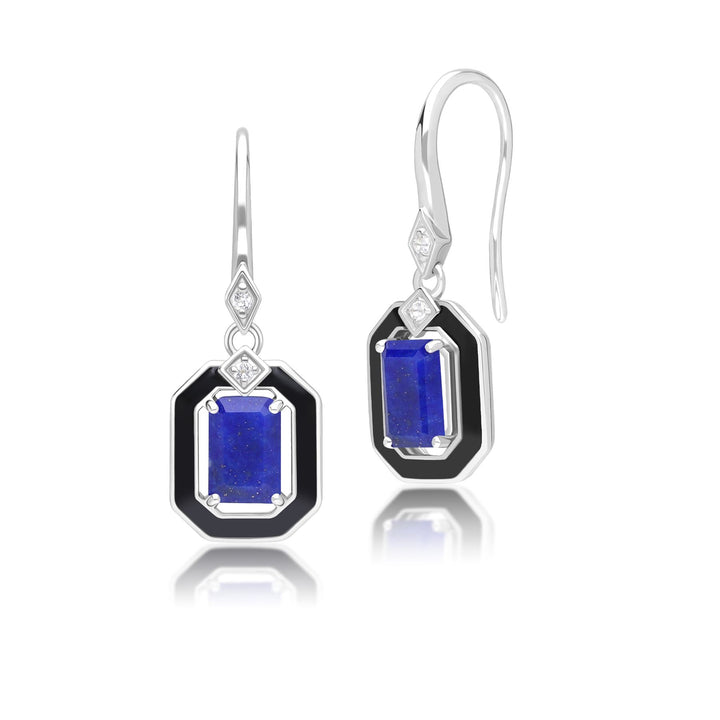 Grand Deco Tropfenohrringe aus Sterlingsilber mit schwarzer Emaille, Lapislazuli und Topas