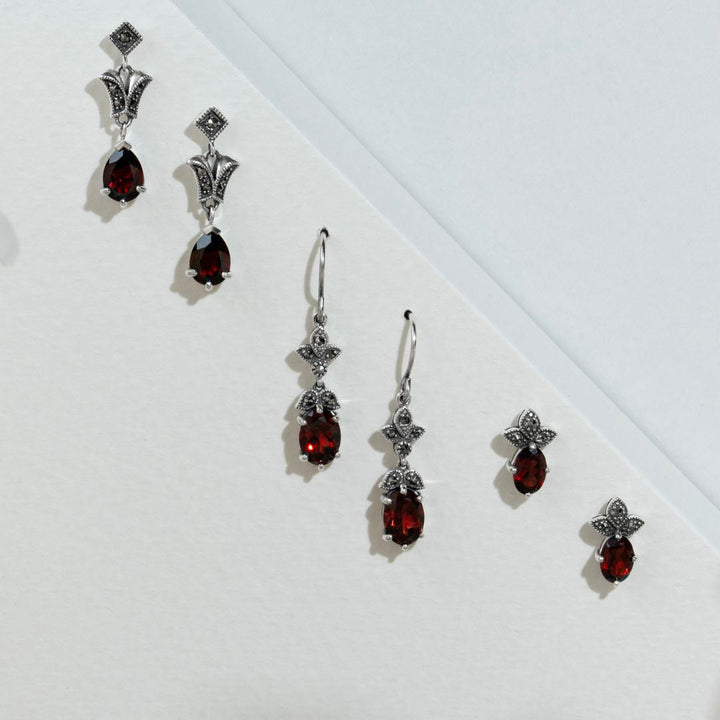 Ovale Granat & Markasit Ohrhänger im Jugendstil in 925 Sterling Silber