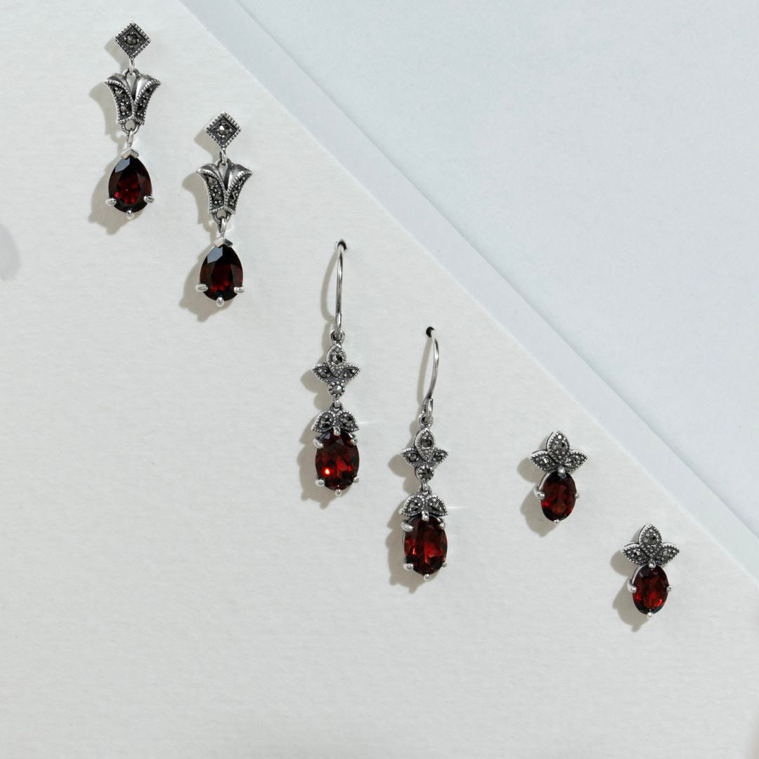Jugendstil-Ohrringe mit Birnengranat und Markasit in 925er Sterlingsilber