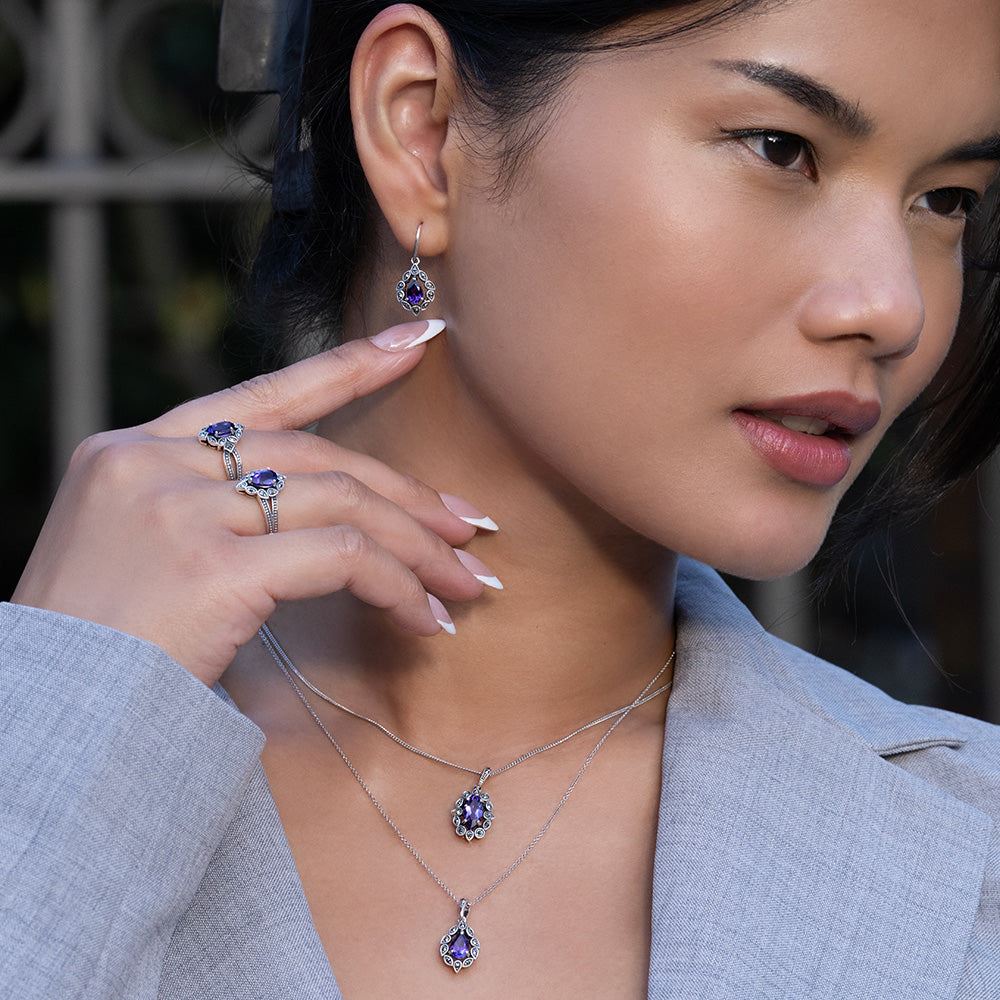 Halskette mit birnenförmigem Amethyst- und Markasit-Anhänger im Art-Deco-Stil aus Sterlingsilber