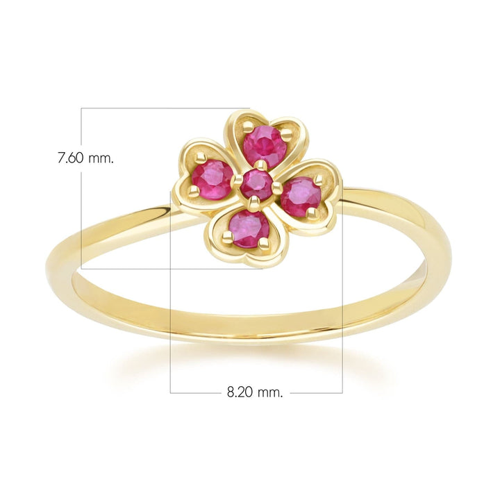 135R2102019 Gardenia Round Ruby Clover Ring in 9ct Yellow Gold Dimensions