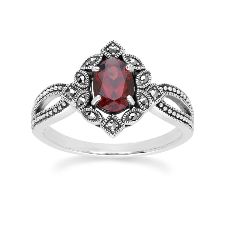 Ovaler Granat- und Markasitring im Art-Deco-Stil aus Sterlingsilber