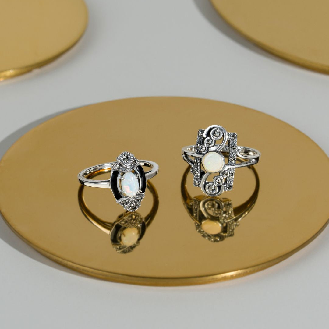 Ovaler Marquise-Ring aus Opal, Markasit und schwarzer Emaille im Art-Deco-Stil aus Sterlingsilber