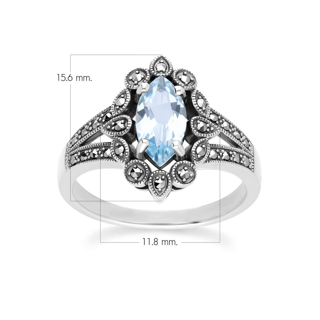 Art-Deco-Ring mit blauem Topas und Markasit im Marquise-Stil aus Sterlingsilber