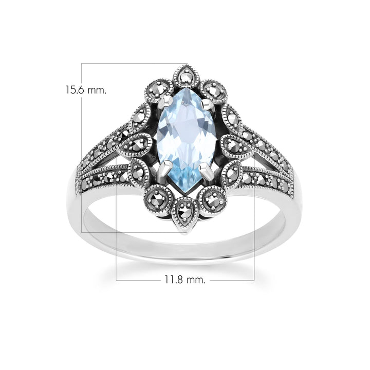 Art-Deco-Ring mit blauem Topas und Markasit im Marquise-Stil aus Sterlingsilber