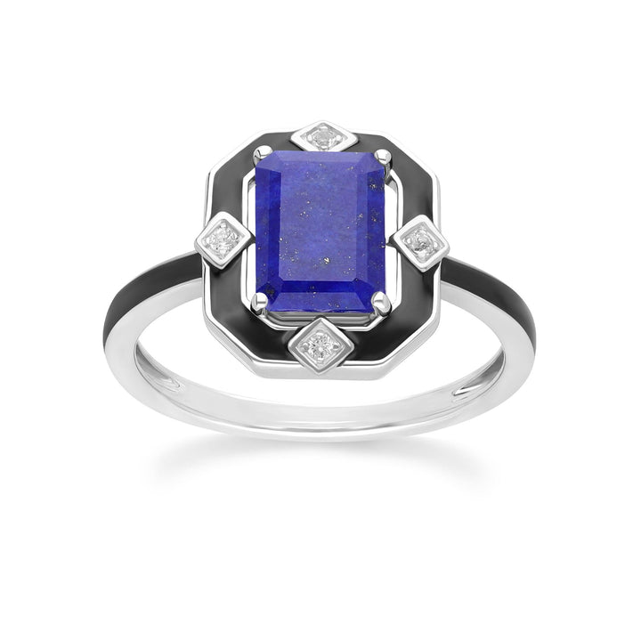 Grand Deco Ring aus Sterlingsilber mit schwarzem Emaille, Lapislazuli und Topas