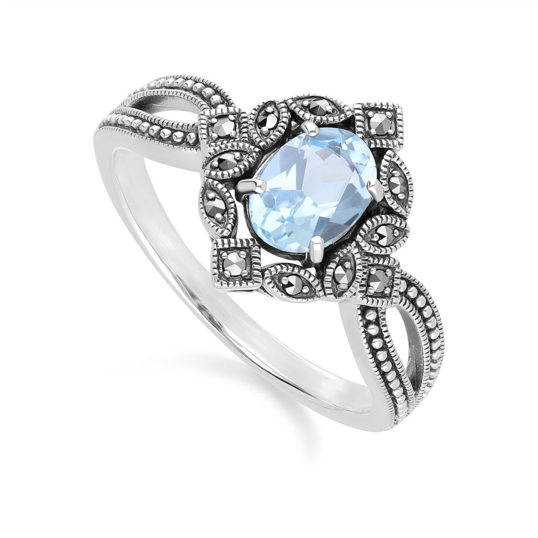 Ovaler Ring mit blauem Topas und Markasit im Art-Deco-Stil aus Sterlingsilber