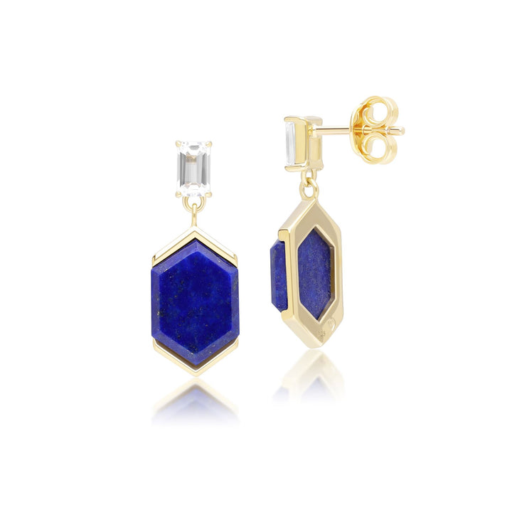 Grand Deco Sechseck-Tropfenohrringe aus Lapislazuli und Topas in Gold Vermeil