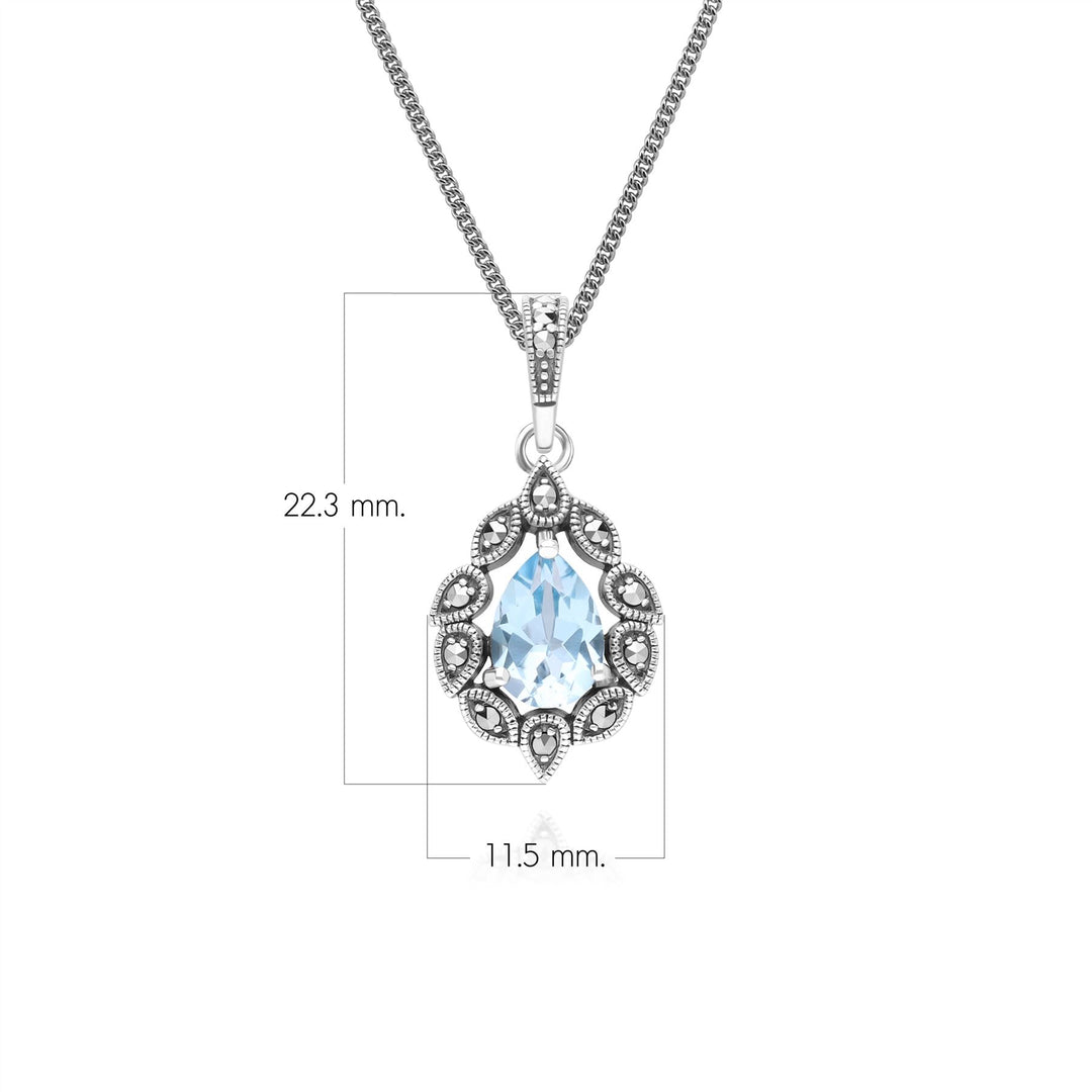 Halskette mit Anhänger im Art-Deco-Stil mit birnenförmigem Blautopas und Markasit aus Sterlingsilber