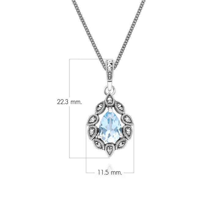 Halskette mit Anhänger im Art-Deco-Stil mit birnenförmigem Blautopas und Markasit aus Sterlingsilber