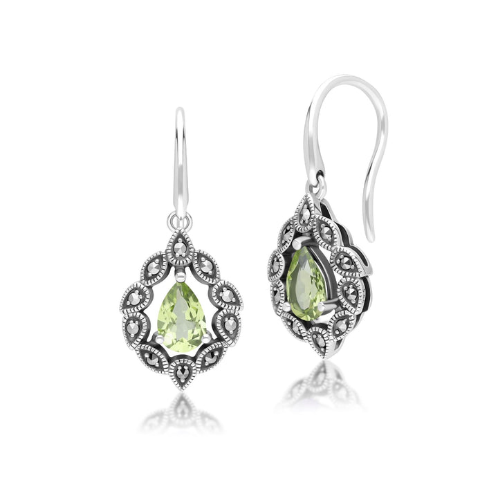 Tropfenohrringe im Art-Deco-Stil mit Peridot und Markasit, Sterlingsilber