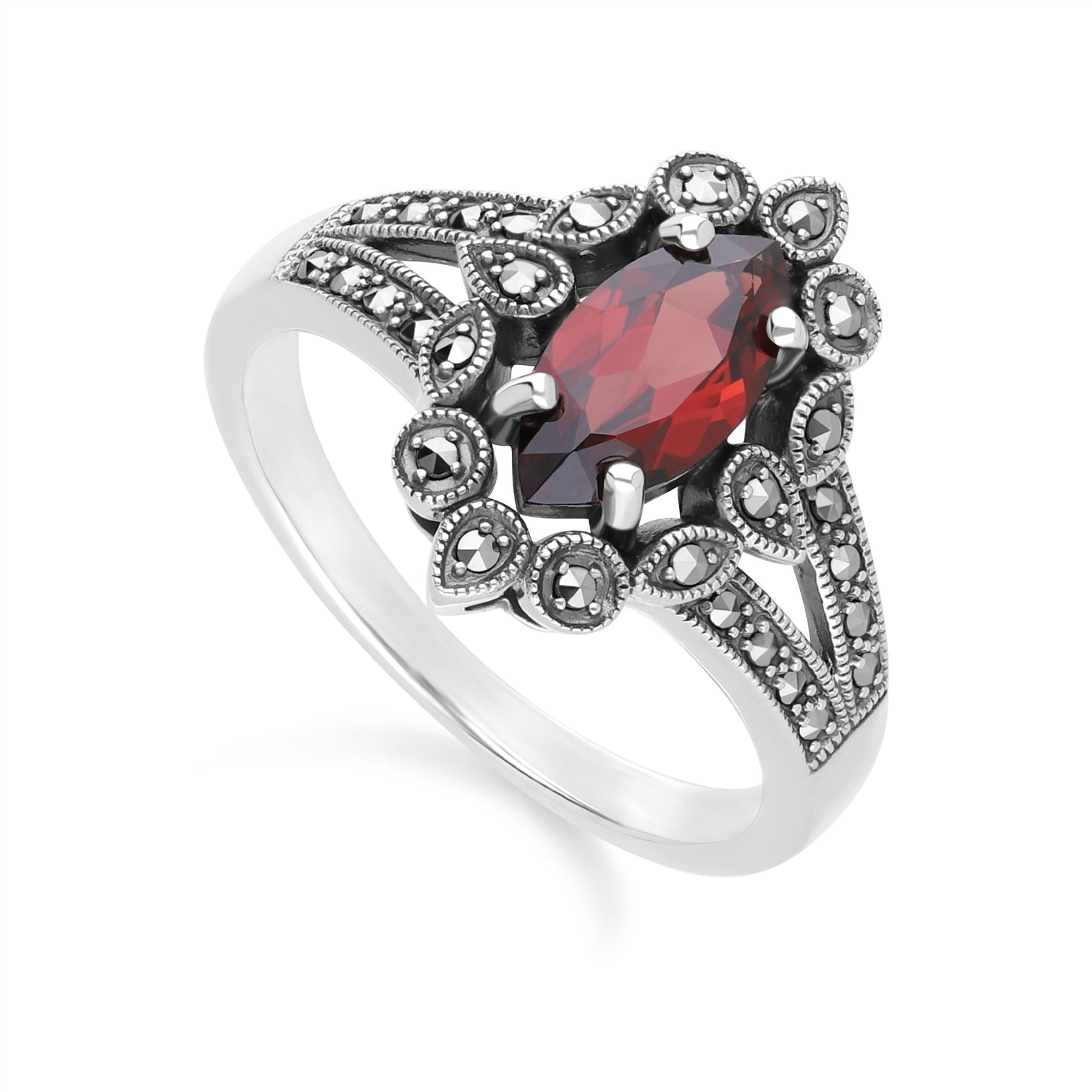 Art Deco Style Marquise Garnet & Marcasite Ring in Sterling Silver