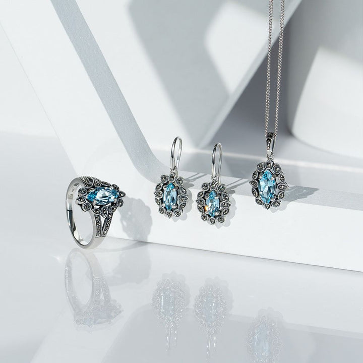 Halskette mit Anhänger im Art-Deco-Stil mit Marquise-Blautopas und Markasit aus Sterlingsilber
