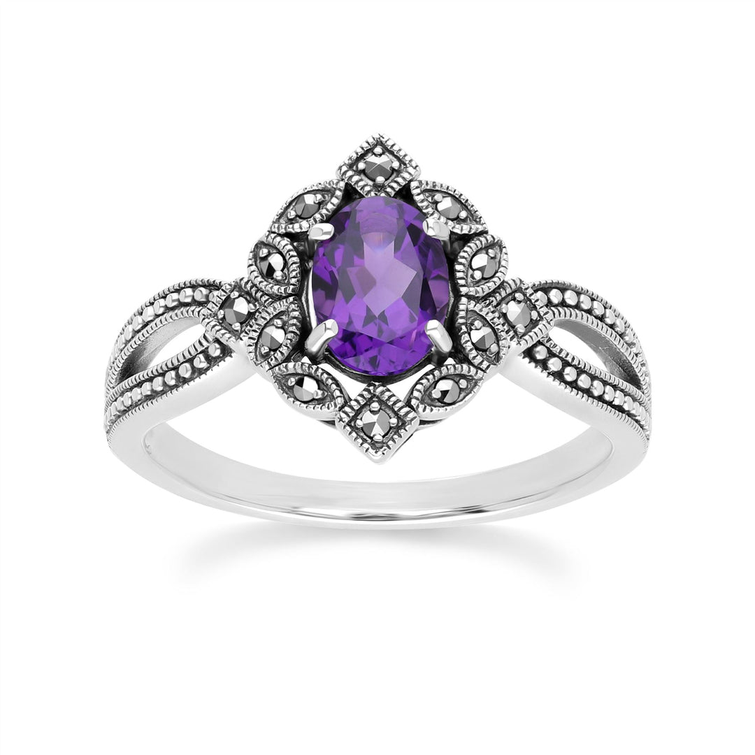 Ovaler Amethyst- und Markasitring im Art-Deco-Stil aus Sterlingsilber