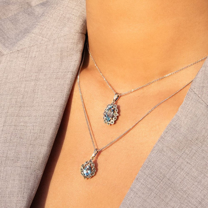 Halskette mit Anhänger im Art-Deco-Stil mit Marquise-Blautopas und Markasit aus Sterlingsilber