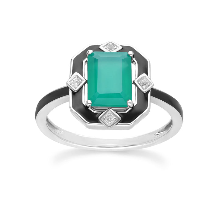 Grand Deco Ring aus Sterlingsilber mit schwarzem Emaille, grünem Chalcedon und Topas