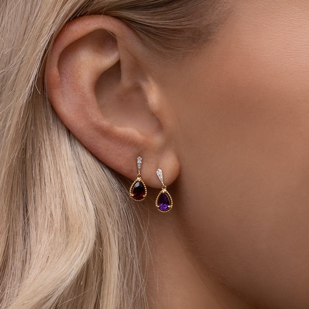 classic-pear-garnet-diamond-drop-earrings-in-9ct-yellow-gold-135e1912049 on Model