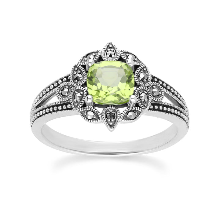 Kissenförmiger Peridot- und Markasitring im Art-Deco-Stil aus Sterlingsilber