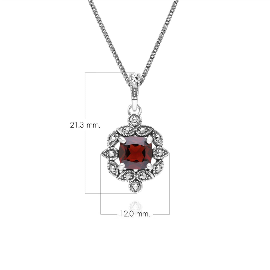Halskette mit Anhänger im Art-Deco-Stil mit Granat- und Markasit-Kissen in Sterlingsilber