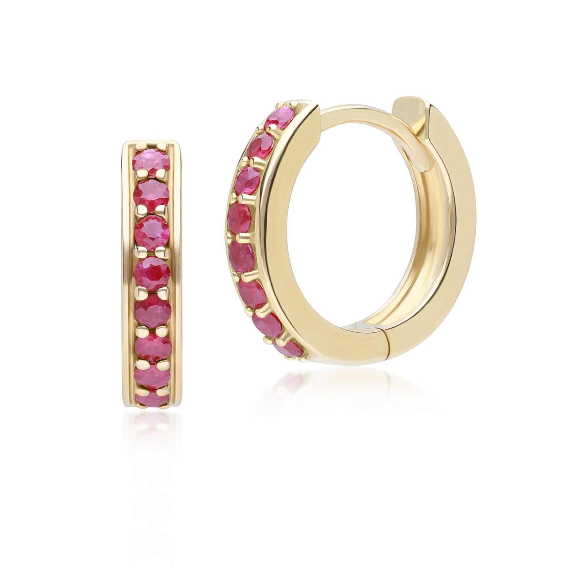 132E2846029 Classic Ruby Huggie Hoop Earrings in 9ct Yellow Gold Front