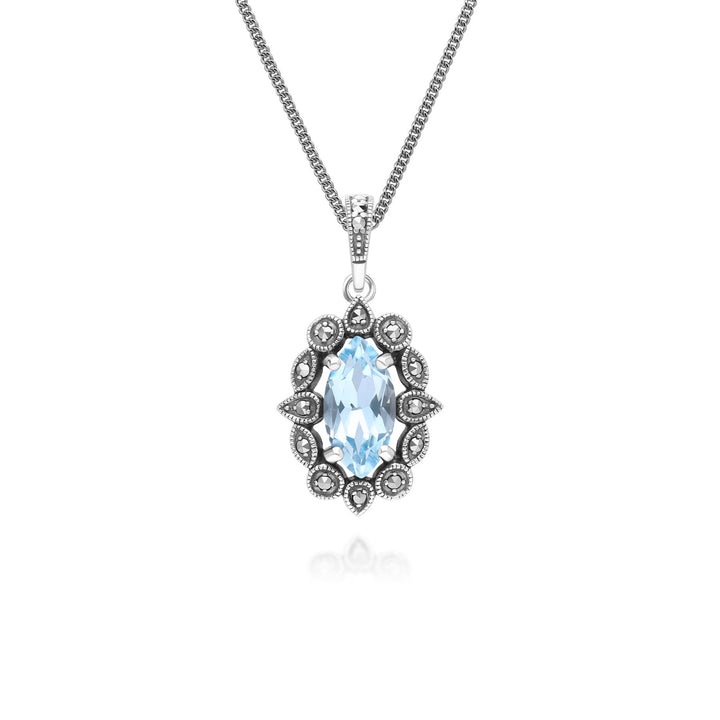 Halskette mit Anhänger im Art-Deco-Stil mit Marquise-Blautopas und Markasit aus Sterlingsilber