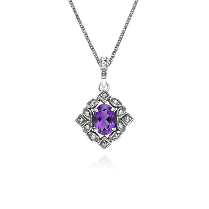 Ovale Halskette mit Amethyst- und Markasit-Anhänger im Art-Deco-Stil aus Sterlingsilber
