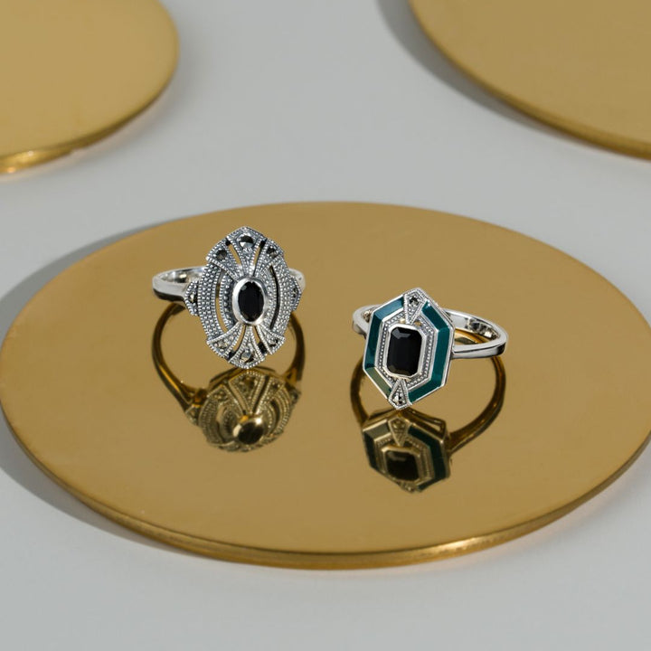 Ovaler Cocktailring aus schwarzem Onyx und Markasit im Art-Deco-Stil aus 925er Sterlingsilber