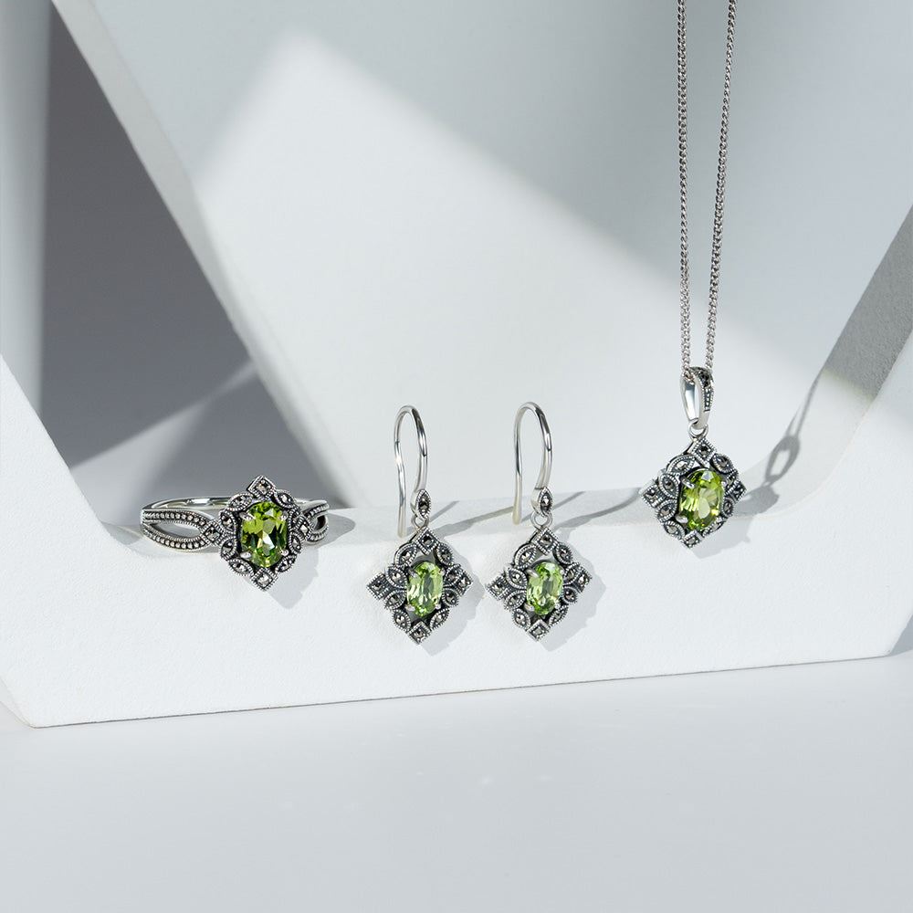 Ovale Peridot- und Markasit-Anhängerkette im Art-Deco-Stil aus Sterlingsilber