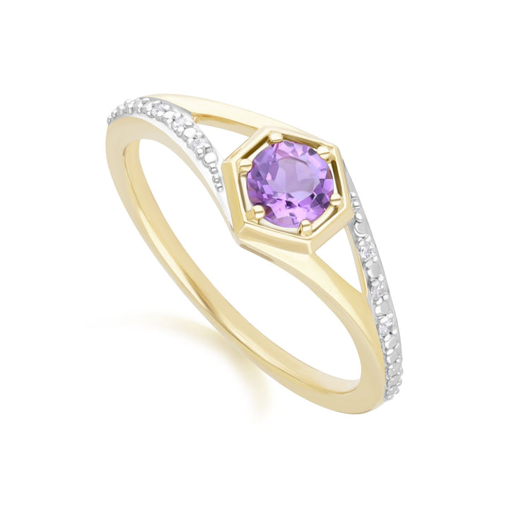 Geometric Hexagon with Prong set Round Amethyst and Diamond Ring in 9ct Yellow Gold