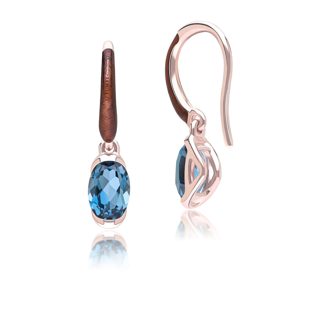 Siberian waltz Oval london blue topaz  with brown enamelled half-bezel set french hook earrings in rose gold vermeil sterling silver