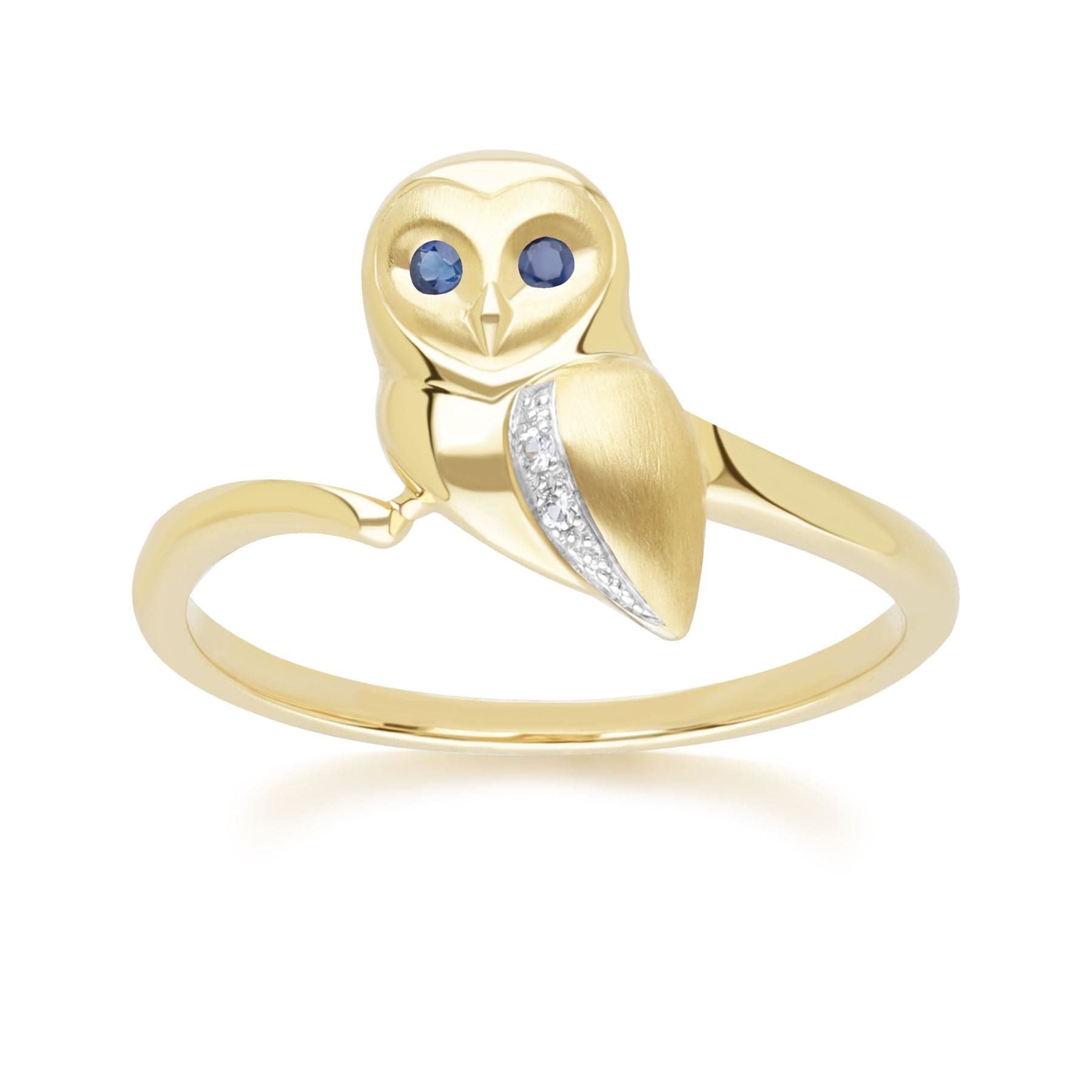 135R2103039 Gardenia Sapphire and White Sapphire Owl Ring in 9ct Yellow Gold Front