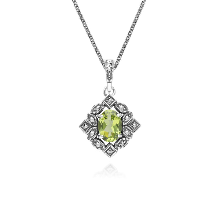 Ovale Peridot- und Markasit-Anhängerkette im Art-Deco-Stil aus Sterlingsilber