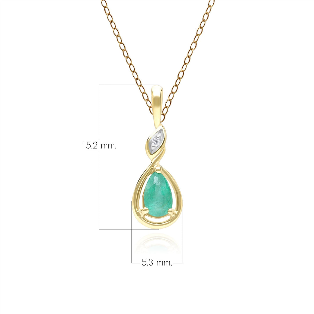 Klassische Halskette mit birnenförmigem Smaragd- und Diamantanhänger aus 9 Karat Gelbgold