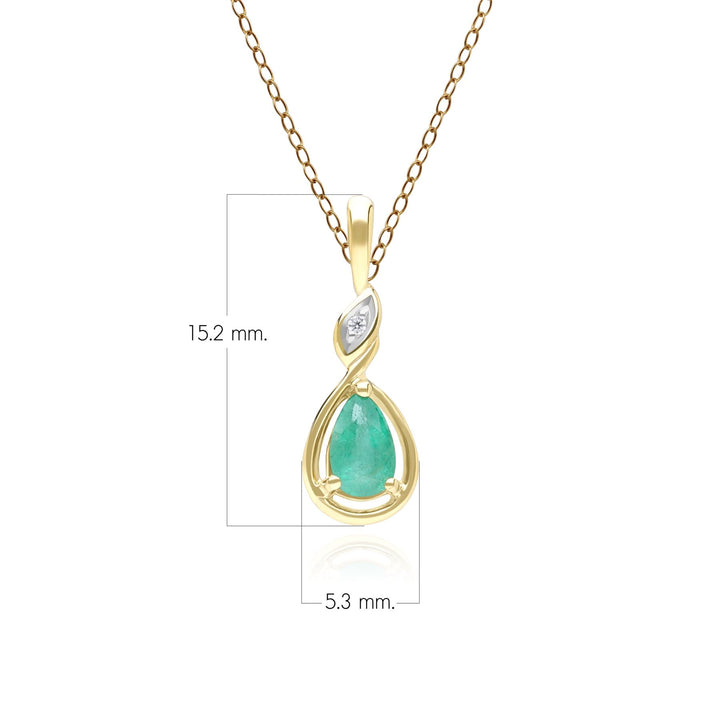 Klassische Halskette mit birnenförmigem Smaragd- und Diamantanhänger aus 9 Karat Gelbgold